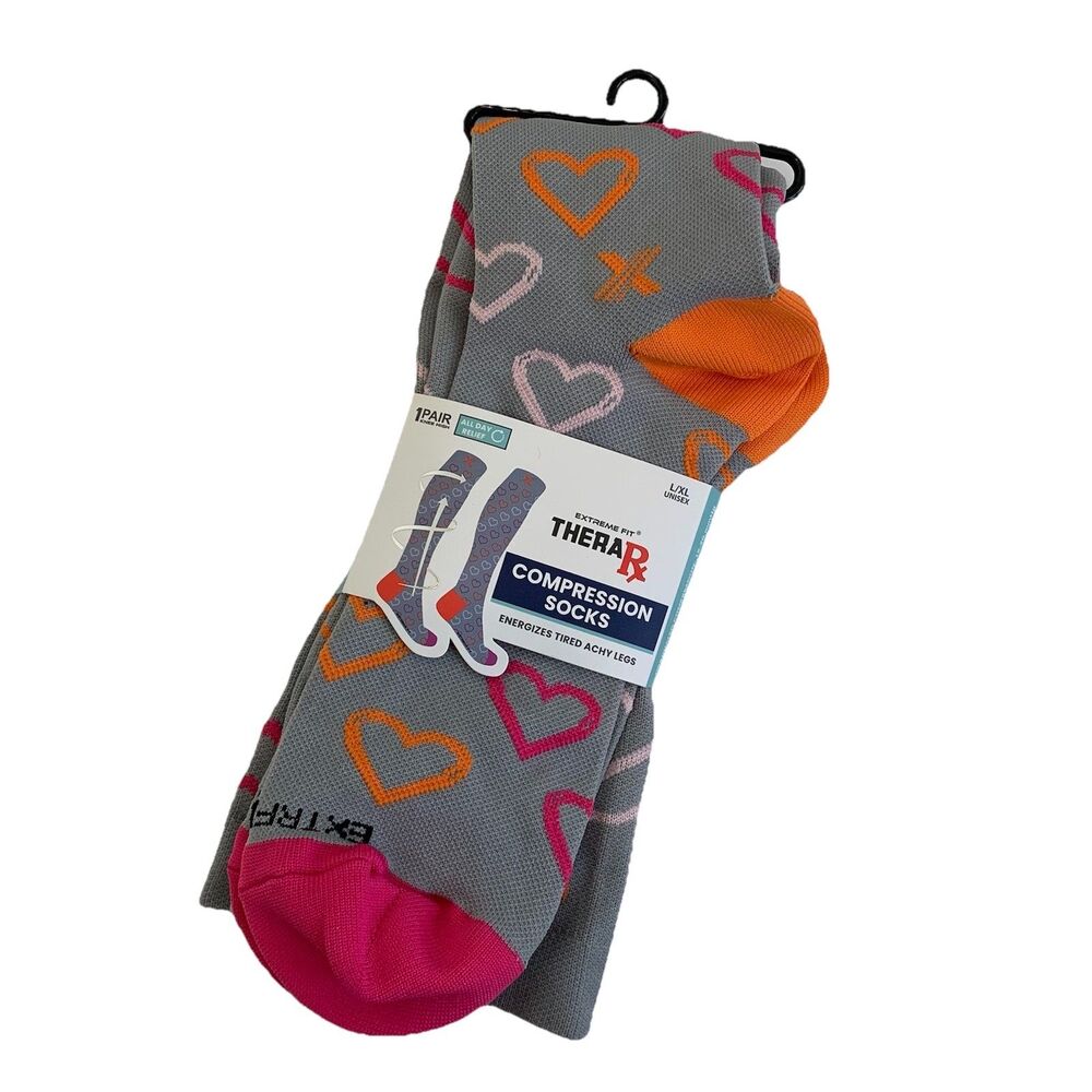 Extreme Fit Rx Compression Socks New L / XL Knee High Grey Pink Hearts